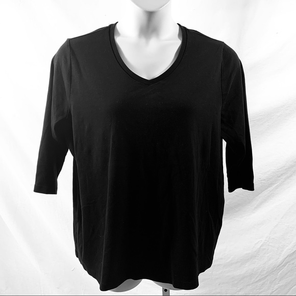 St. John's Bay Tops - Black V Neck Shirt Sz 2X Cotton Knit 3/4 Sleeves